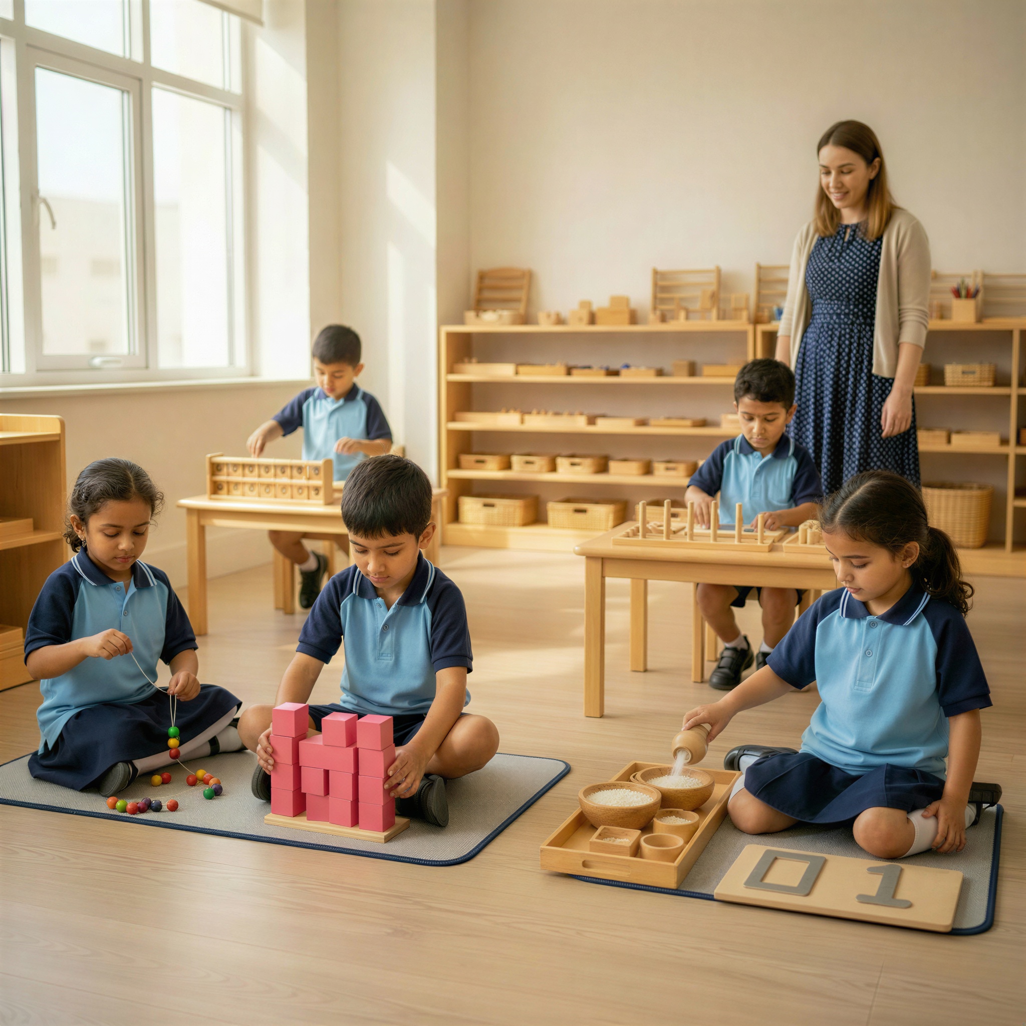 Children working independently at Montessori stations in Early Years at GFH Alia National School