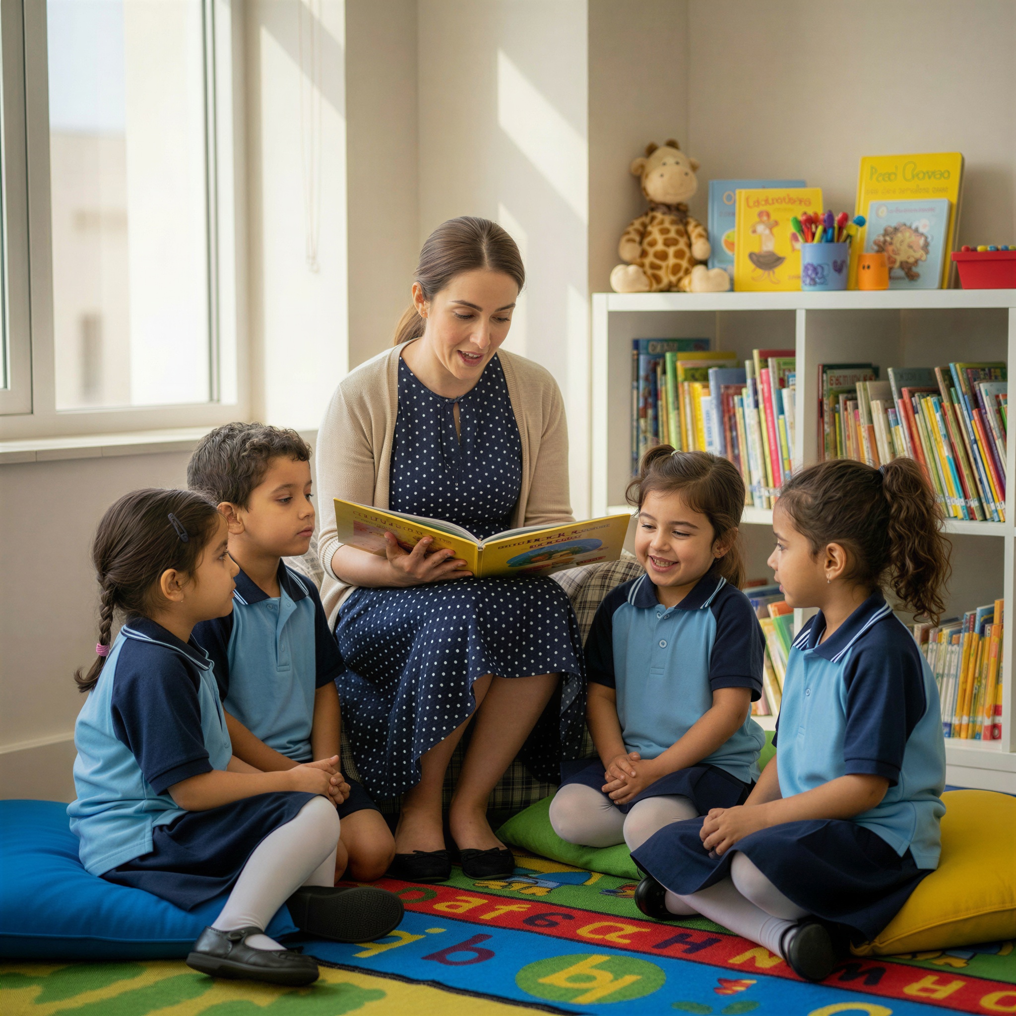 A teacher reading a picture book to Early Years children during story time
